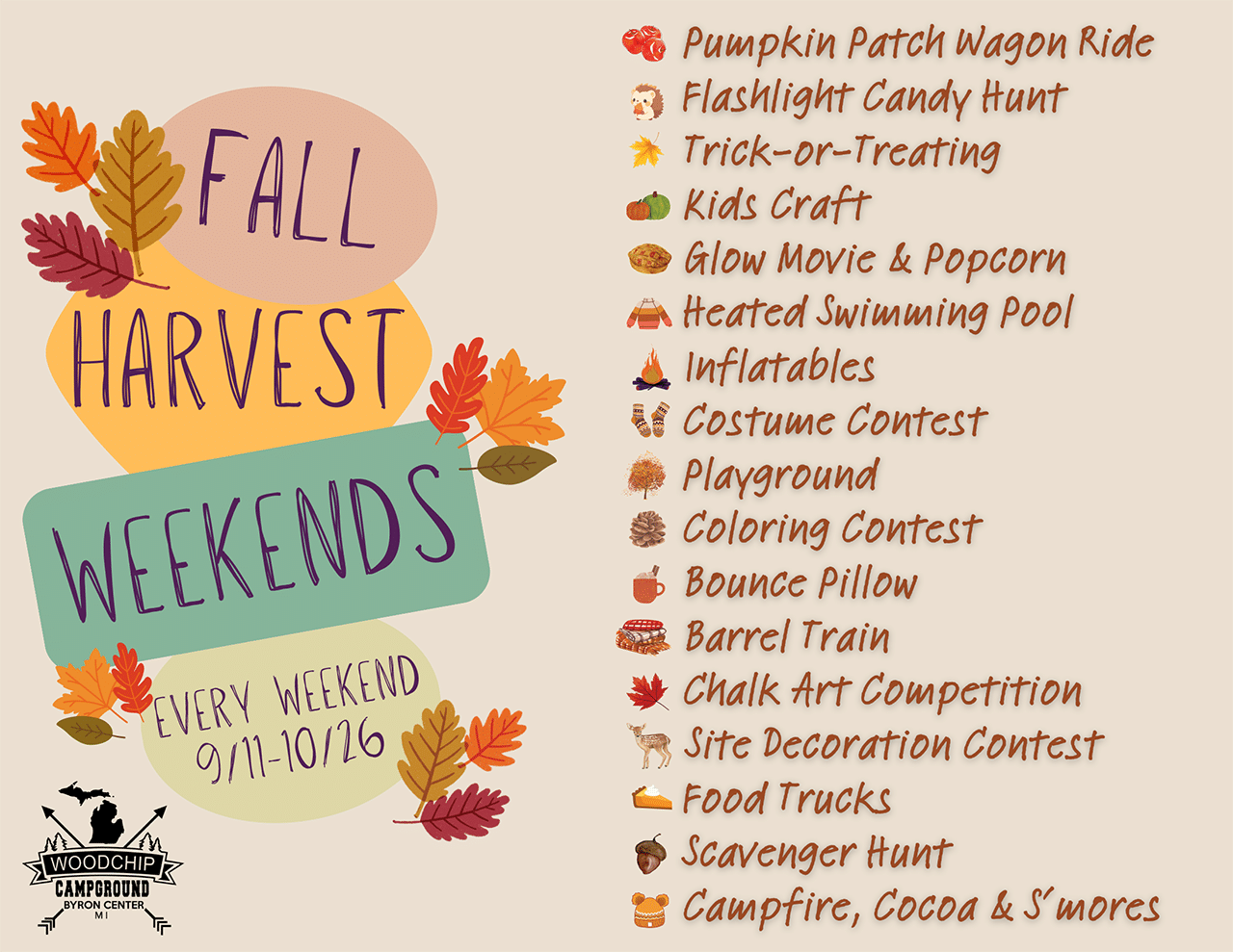 What's Happening on Fall Harvest Weekends at Woodchip Campground What's Happening on Fall Harvest Weekends at Woodchip Campground