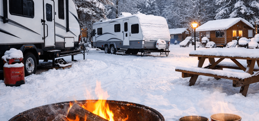 Quiet winter RV camping at Woodchip Campground in January with snow-covered sites