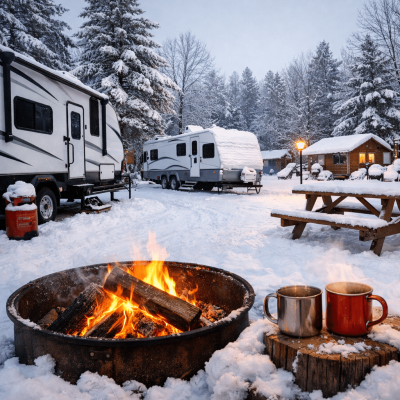 anuary Winter Camping at Woodchip Campground Quiet winter RV camping at Woodchip Campground in January with snow-covered sites