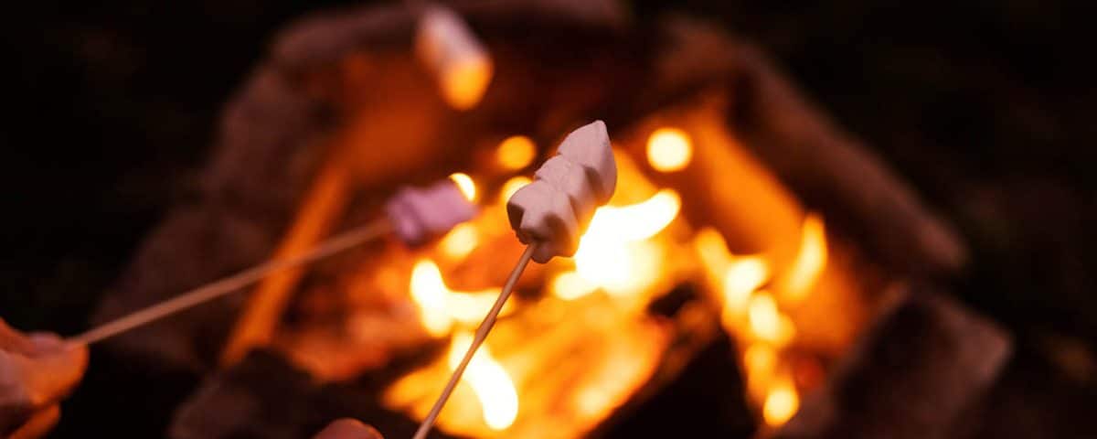 Family preparing a meal around a campfire at a campground
