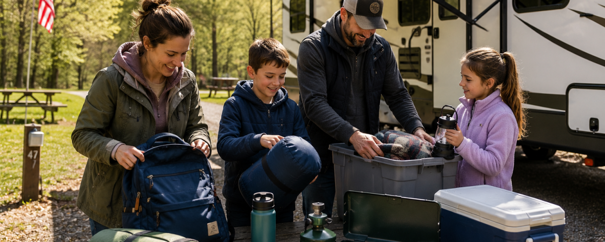 Family organizing camping gear at a wooded campsite before a spring camping trip in Michigan