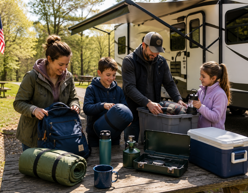Family organizing camping gear at a wooded campsite before a spring camping trip in Michigan
