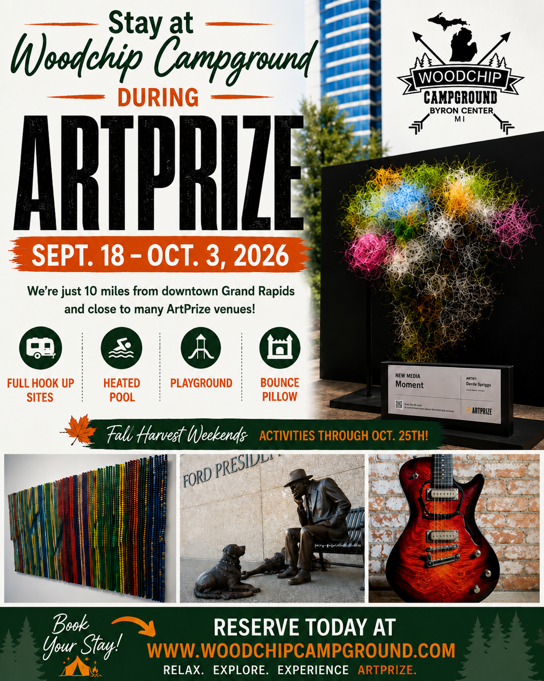 Stay at Woodchip Campground during ArtPrize 2026 in Grand Rapids, Michigan